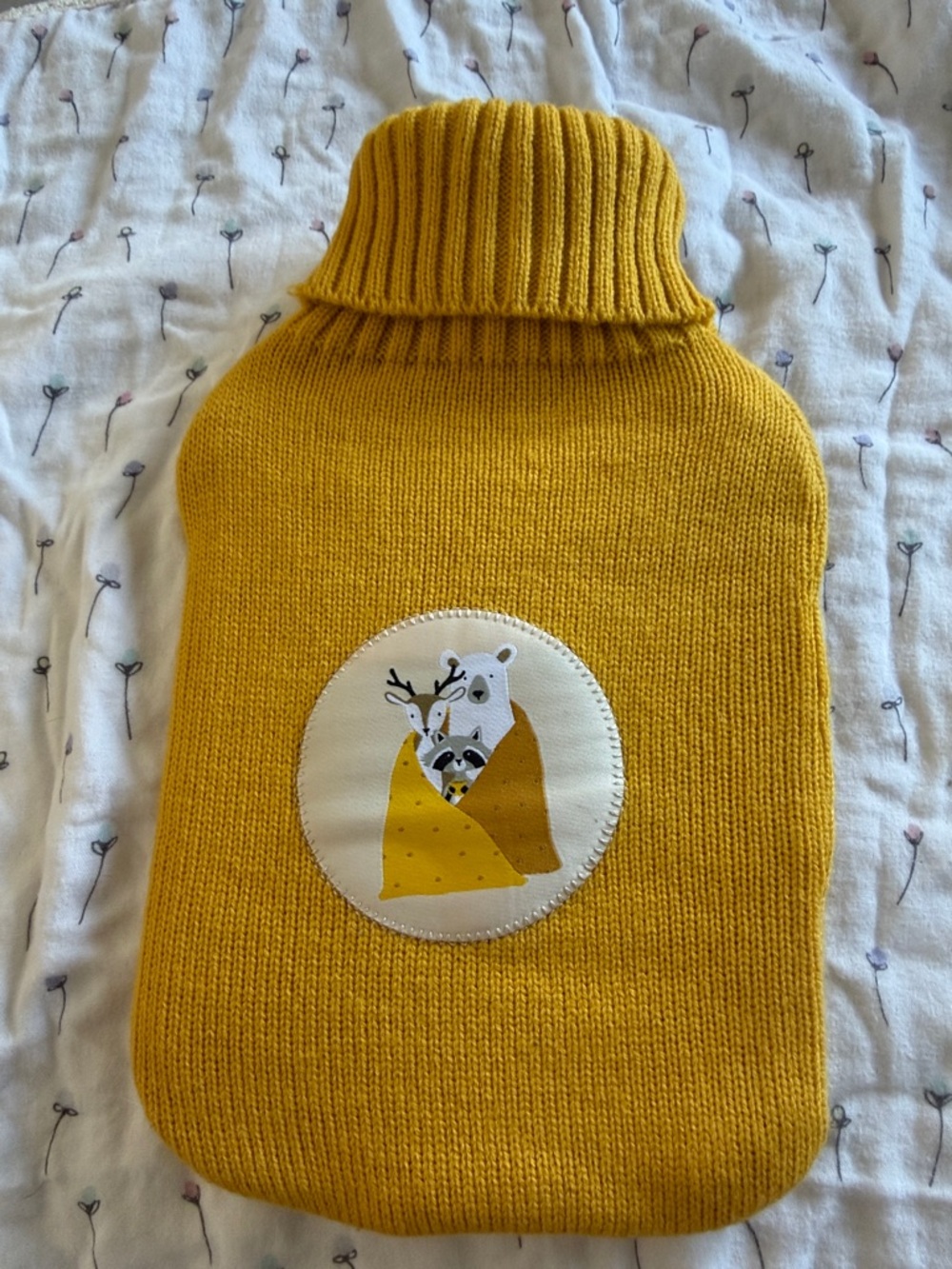 Mustard Yellow Knitted Hot Water Bottle Cover with Animal Patch